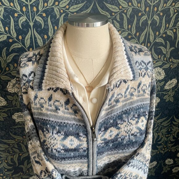 Vintage 90s Fair Isle Nordic Zip Up Cotton & Ramie Knit Cardigan - Picture 4 of 10